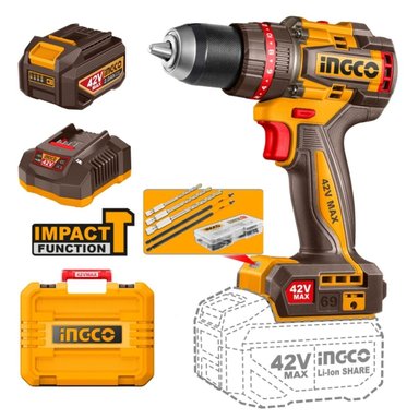 TALADRO PERCUTOR INGCO 42V 69NM BRUSHLESS + KIT CIDLI426981 - 1