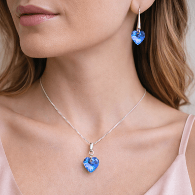 SET COLLAR Y ARETES DE PLATA 925 CON DIJE CRISTAL CORAZÓN CELESTE - JOYERIA ELEGANTE IDEAL COMO REGALO - 2