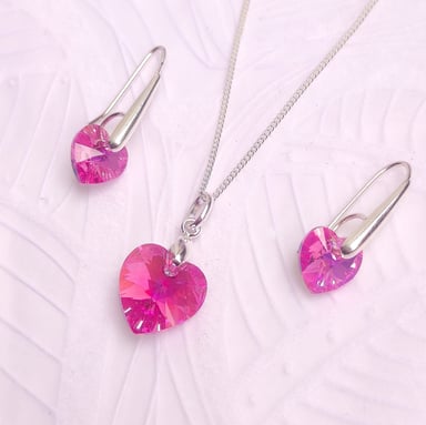 COLLAR Y ARETES DE PLATA DIJE CRISTAL CORAZÓN ROSADO - 1