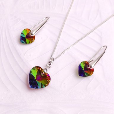 COLLAR Y ARETES DE PLATA DIJE CRISTAL CORAZÓN VERDE TORNASOL - 1