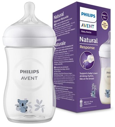BIBERÓN AVENT NATURAL 3.0 ANTICOLICO Y ANTIGOTEO DISEÑO KOALA TRANSPARENTE 260 ML NIÑO