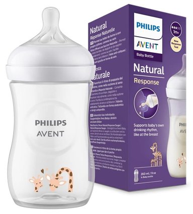 BIBERÓN AVENT NATURAL 3.0 ANTICOLICO Y ANTIGOTEO DISEÑO JIRAFA TRANSPARENTE 260 ML NIÑO