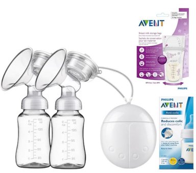 EXTRACTOR DE LECHE ELECTRICO DOBLE + 2 BIBERONES 150 ML + 1 BIBERON AVENT RECIEN NACIDO + 25 BOLSAS AVENT PARA LECHE MATERNA