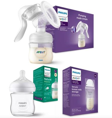 SET AVENT EXTRACTOR DE LECHE MANUAL + 01 BIBERON DE VIDRIO ANTICOLICO Y ANTIGOTEO + 25 BOLSAS DE LECHE MATERNA