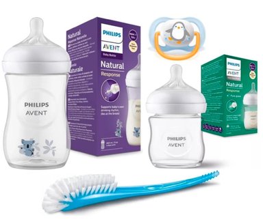SET DE RECIEN NACIDO AVENT 1 BIBERON DE VIDRIO + 1 BIBERON DE 260 ML KOALA + CHUPON + ESCOBILLA - NIÑO