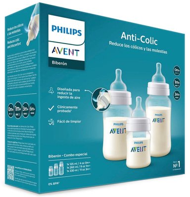 SET DE REGALO AVENT ANTICOLICO DE RECIEN NACIDO 1 BIBERON DE 125 ML + 1 BIBERON DE 260 ML + 1 BIBERON DE 330 ML - TRANSPARENTE