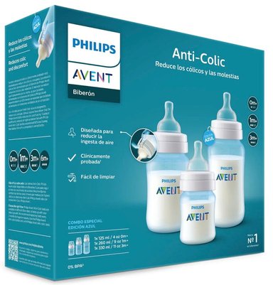 SET DE REGALO AVENT ANTICOLICO DE RECIEN NACIDO 1 BIBERON DE 125 ML + 1 BIBERON DE 260 ML + 1 BIBERON DE 330 ML - AZUL