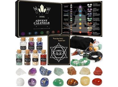 CALENDARIO DE ADVIENTO UNALUKA CON PIEDRAS Y GUÍA PARA CHAKRAS INCLUYE COLLARES Y BOLSA DE ALMACENAMIENTO
