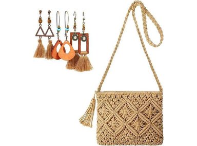 BOLSO DE PAJA PARA MUJER, TEJIDO CON ARETES BOHEMIOS, PERFECTO PARA PLAYA Y OCASIONES DIVERSAS