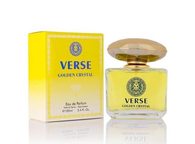 PERFUME VERSE GOLDEN CRYSTAL, AROMA FLORAL AFRUTADO CON NOTAS CÍTRICAS Y BASE AMADERADA, IDEAL PARA MUJERES