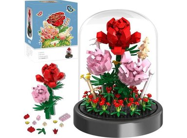 KIT RAMO FLORES UNALUKA QI-BF-01 MINI LADRILLOS ROSAS ETERNAS EN CÚPULA CRISTAL