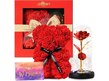 OSO DE ROSAS PARA MAMÁ, REGALO ROMÁNTICO IDEAL PARA ESPOSA O HIJA, CON ROSA EN CÚPULA DE CRISTAL