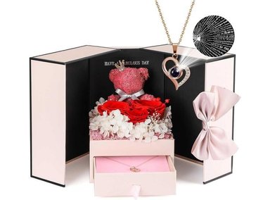 COLLAR OSO ROSA ROJA PRESERVADA 'I LOVE YOU', REGALO IDEAL PARA MAMÁ, ESPOSA O ABUELA EN CUMPLEAÑOS Y ANIVERSARIOS
