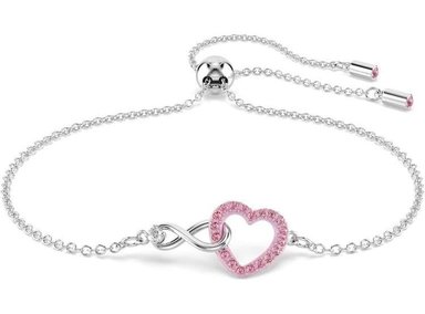 PULSERA SWAROVSKI HYPERBOLA CON SÍMBOLO DE CORAZÓN E INFINITO, COLOR ROSA CON ACABADO EN RODIO Y CRISTAL
