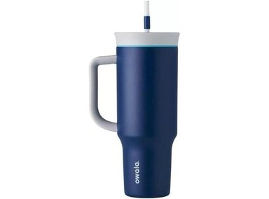 VASO DE VIAJE DE ACERO INOXIDABLE OWALA CON TAPA RESISTENTE A DERRAMES, PAJILLA Y ASA, COLOR AZUL OSCURO