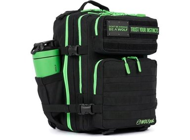 WOLFPAK MOCHILA 25L NEGRO VERDE NEÓN, IMPERMEABLE, PERSONALIZABLE, IDEAL PARA DIARIO Y VIAJES