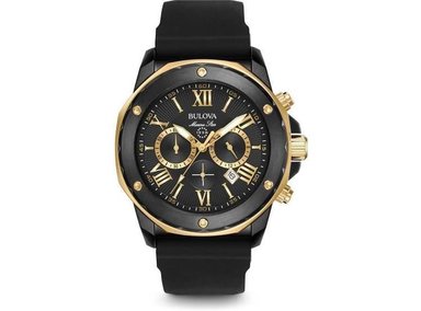 RELOJ BULOVA MARINE STAR SERIES A CON CRONÓGRAFO, IONIZADO EN ORO NEGRO/ROSA, CORREA DE SILICONA NEGRA