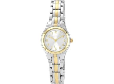 RELOJ ANNE KLEIN PARA MUJER CON ESFERA PLATEADA Y NÚMEROS DORADOS, RESISTENTE AL AGUA HASTA 30 METROS, AJUSTE DE ESLABONES