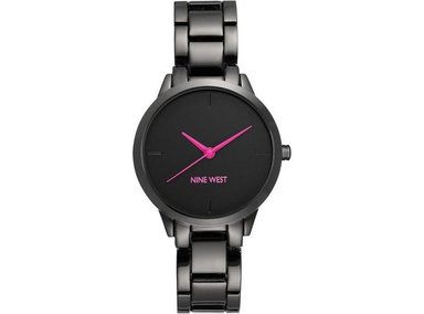 RELOJ DE PULSERA NINE WEST PARA MUJER, METAL GUNMETAL Y ESFERA NEGRA, MANECILLAS PÚRPURA, DISEÑO ELEGANTE