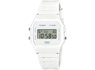 RELOJ CASIO F-91WB TURQUESA CON BANDA DE RESINA ECOLÓGICA, CRONÓMETRO, ALARMA, Y LUZ LED