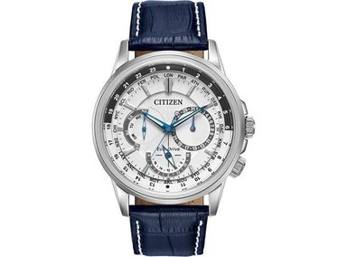 RELOJ CITIZEN ECO-DRIVE, CALENDARIO Y CRONÓGRAFO, CORREA CUERO AZUL Y ESFERA BLANCA LUMINOSA