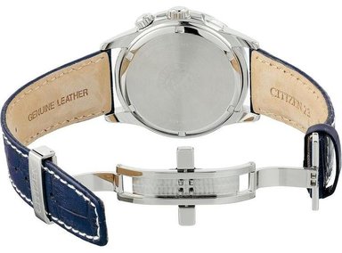 RELOJ CITIZEN ECO-DRIVE, CALENDARIO Y CRONÓGRAFO, CORREA CUERO AZUL Y ESFERA BLANCA LUMINOSA - 6