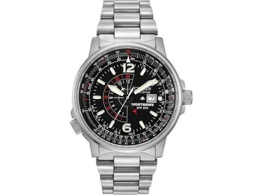 RELOJ CITIZEN ECO-DRIVE PROMASTER AIR NIGHTHAWK PILOT DE ACERO INOXIDABLE, MODELO BJ7000-52E, CRONÓGRAFO