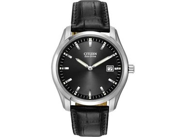 RELOJ CITIZEN ECO-DRIVE PARA HOMBRE CON CORREA DE CUERO NEGRO, CAJA DE ACERO INOXIDABLE, CALENDARIO Y RESISTENCIA AL AGUA