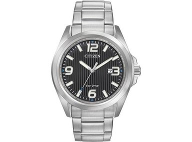 CITIZEN RELOJ ECO-DRIVE WEEKENDER GARRISON FIELD PARA HOMBRE EN ACERO INOXIDABLE, ESFERA NEGRA, MODELO AW1430-86E