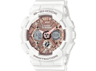 RELOJ CASIO G-SHOCK - RESISTENTE, BLANCO Y ORO ROSA, IDEAL PARA MUJER, MODELO GMS-S120MF-7A2CR
