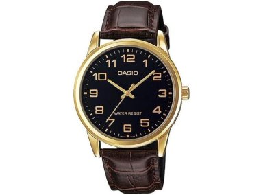 CASIO RELOJ DE PULSERA DORADO CON CORREA DE CUERO Y ESFERA NEGRA PARA HOMBRE FÁCIL DE LEER