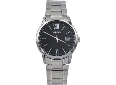 RELOJ ANALÓGICO CASIO PARA HOMBRE, ACERO INOXIDABLE, ESFERA NEGRA, FECHA ROMANA, CUARZO JAPONÉS