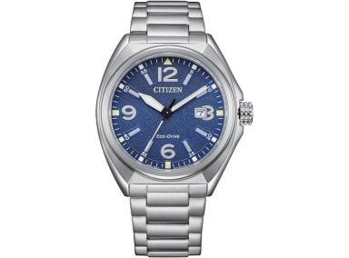 RELOJ CITIZEN PARA HOMBRE ECO-DRIVE, PULSERA DE ACERO INOXIDABLE Y ESFERA AZUL, MODELO AW1571-76L