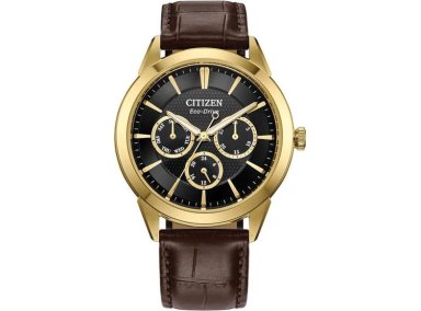 CITIZEN RELOJ ROLAN CLÁSICO ECO-DRIVE PARA HOMBRE CON CORREA DE CUERO MARRÓN, ESFERA NEGRA Y CALENDARIO DÍA-FECHA