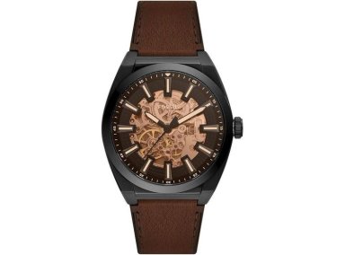 RELOJ FOSSIL EVERETT AUTOMÁTICO, ACERO INOXIDABLE, CORREA DE CUERO, ESFERA NEGRA, RESISTENTE AL AGUA