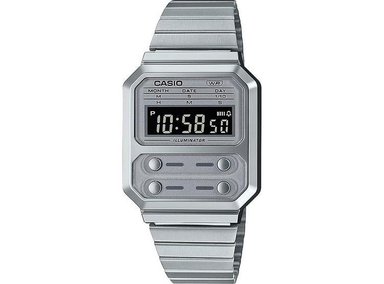 RELOJ CASIO VINTAGE A100WE-7B: DIGITAL, ALARMA, CRONÓGRAFO, RETROILUMINACIÓN, TONO PLATEADO ELEGANTE