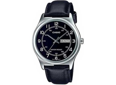 RELOJ ANALÓGICO DE VESTIR CASIO PARA HOMBRE, CUENTA CON CORREA DE CUERO, NÚMEROS NEGROS, Y FUNCIÓN DÍA Y FECHA