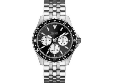 GUESS RELOJ ANALÓGICO PARA HOMBRE CON CORREA DE ACERO INOXIDABLE, RESISTENTE AL AGUA, ESFERA NEGRA Y CRONÓGRAFO