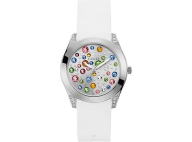 RELOJ GUESS ELEGANTE CON CRISTAL MULTICOLOR, CARCASA PLATEADA Y CORREA BLANCA RESISTENTE A MANCHAS