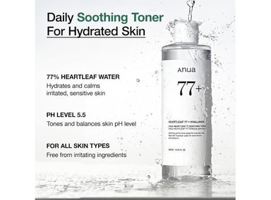 ANUA HEARTLEAF 77 TÓNICO, CUIDADO CALMANTE, REFRESCANTE E HIDRATANTE, VEGANO Y LIBRE DE CRUELDAD, PH 5.5, 250ML - 2