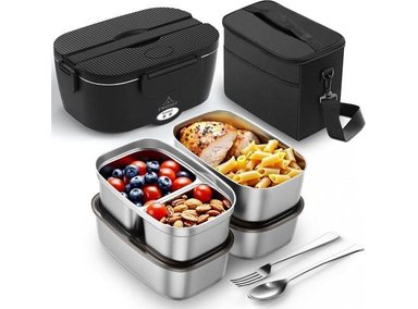LONCHERA ELÉCTRICA DE ACERO INOXIDABLE PARA ADULTOS, CON BOLSA AISLADA Y MÚLTIPLES CONECTORES PARA OFICINA Y VIAJES