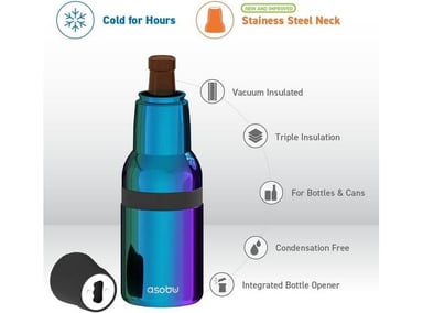 ENFRIADOR ASOBU FROSTY ACERO INOXIDABLE, DESTAPADOR INTEGRADO, COLOR OCÉANO VERDE, IDEAL PARA BOTELLAS Y LATAS - 2