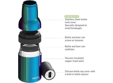 ENFRIADOR ASOBU FROSTY ACERO INOXIDABLE, DESTAPADOR INTEGRADO, COLOR OCÉANO VERDE, IDEAL PARA BOTELLAS Y LATAS - 4