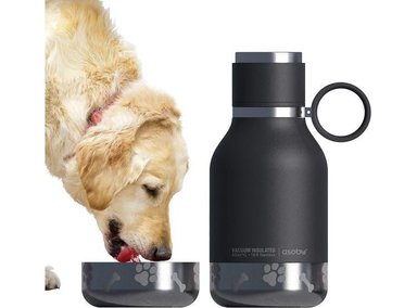 BOTELLA DE AGUA BUDDY DE ASOBU DE ACERO INOXIDABLE CON CUENCO REMOVIBLE, PERFECTA PARA PERROS ACTIVOS, COLOR NEGRO