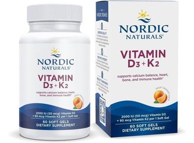 VITAMINAS D3 + K2 NORDIC NATURALS CON SABOR A NARANJA, PARA SOPORTE ÓSEO, INMUNE Y EQUILIBRIO DE CALCIO, 60 CÁPSULAS