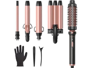 RIZADOR WAVYTALK 5 EN 1, SET CON BARRILES INTERCAMBIABLES Y CEPILLO TÉRMICO, INCLUYE RIZADOR DE CERÁMICA, ROSA