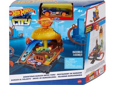 HOT WHEELS CITY BURGER SET CON 1 AUTO, COMPATIBLE CON MÁS SETS, IDEAL PARA NIÑOS DE 4 A 8 AÑOS
