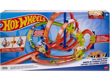 SET DE PISTA HOT WHEELS CON ZONAS DE CHOQUE Y BOOSTER MOTORIZADO, INCLUYE COCHE DE JUGUETE
