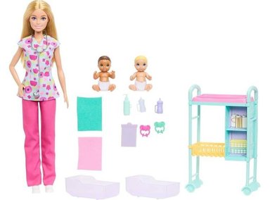 BARBIE CAREERS BABY DOCTOR SET: MUÑECA RUBIA, 2 BEBÉS, MESA DE EXAMEN Y ACCESORIOS