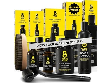 KIT THE BEARD CLUB PARA CRECIMIENTO DE BARBA: INCLUYE RODILLO, ACEITE, VITAMINAS, SPRAY, CHAMPÚ, CEPILLO. REGALO IDEAL - 1